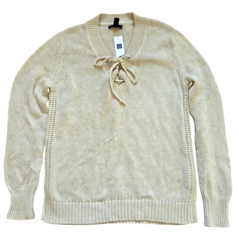 GAP Women's Sweater Cream Large Tie Front Cottagecore Boho Preppy Classic Knit